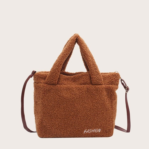 

Girls Letter Graphic Fluffy Tote Bag, Brown