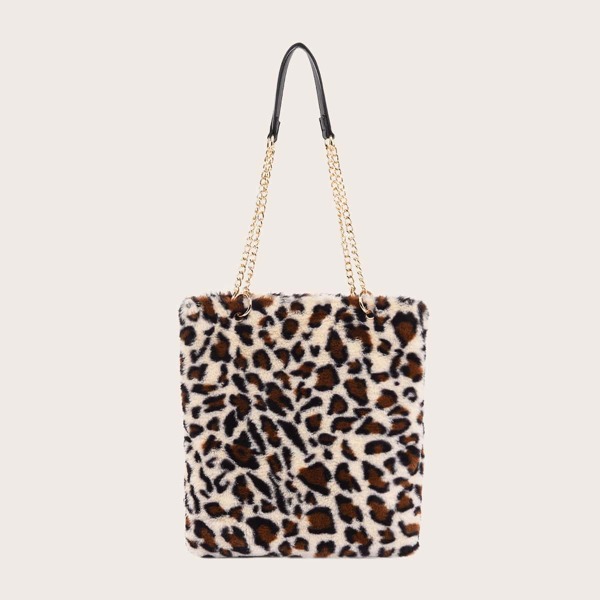 

Leopard Faux Fur Chain Tote Bag, Multicolor