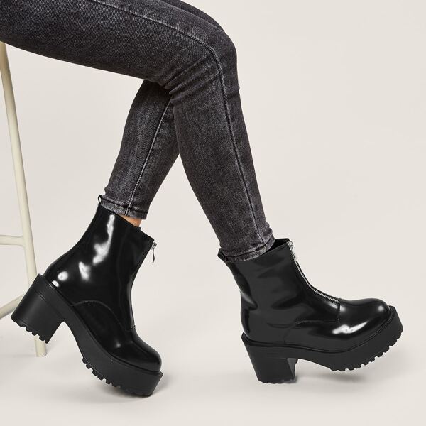

Zip Front Patent Leather Platform Ankle Boots, Black
