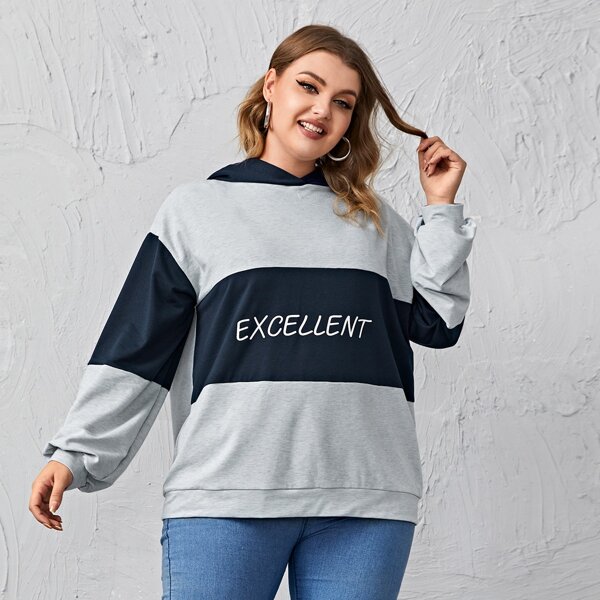 

Plus Two Tone Letter Graphic Hooded Sweatshirt, Multicolor