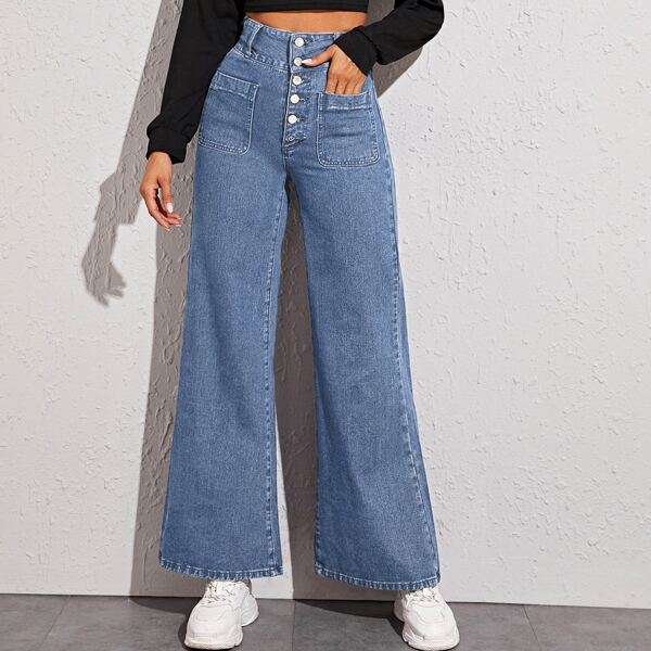 

Button Fly Patch Pocket Wide Leg Jeans, Medium wash