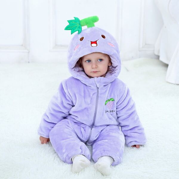 

Baby Boy 3D Patched Cartoon Embroidery Hooded Flannel Jumpsuit, Lilac purple