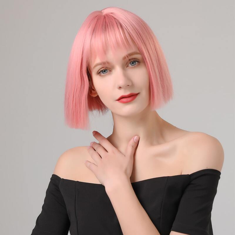 

Straight Short Wig With Bangs, Pink