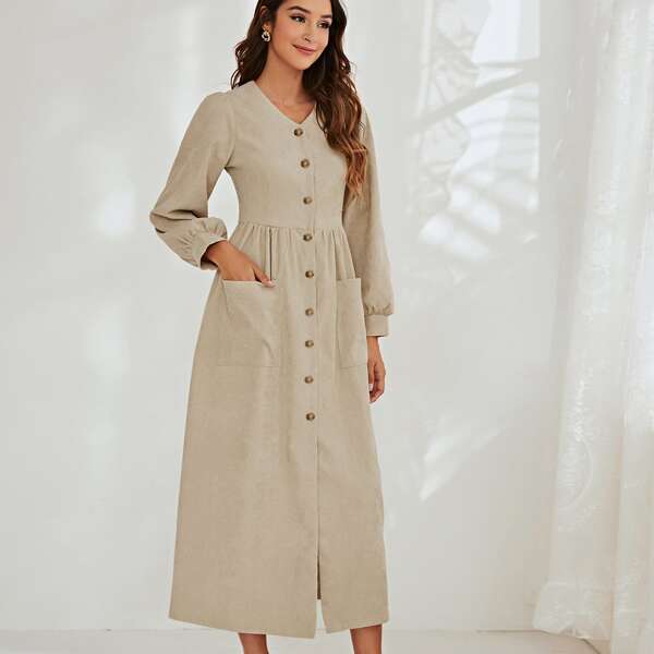 

Corduroy Puff Sleeve Button Front Dual Pockets Dress, Khaki