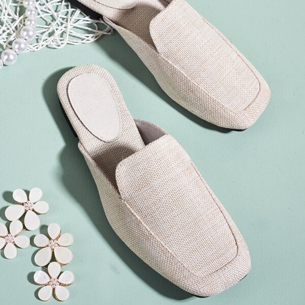 

Square Toe Linen Flat Mules, Apricot
