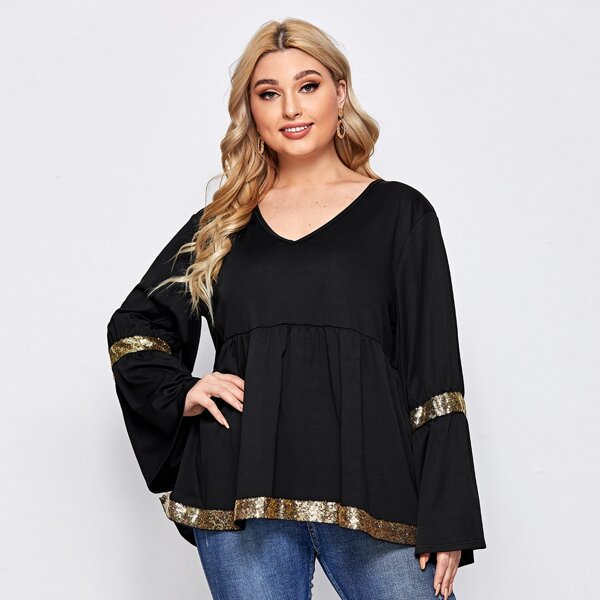 

Plus Contrast Sequin Babydoll Blouse, Black