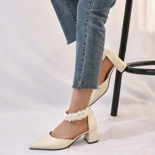 

Faux Pearl Decor Mid Heeled Pumps, Beige