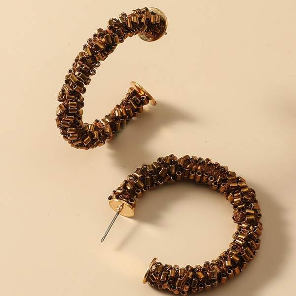

Beaded Cuff Hoop Earrings, Coffee brown