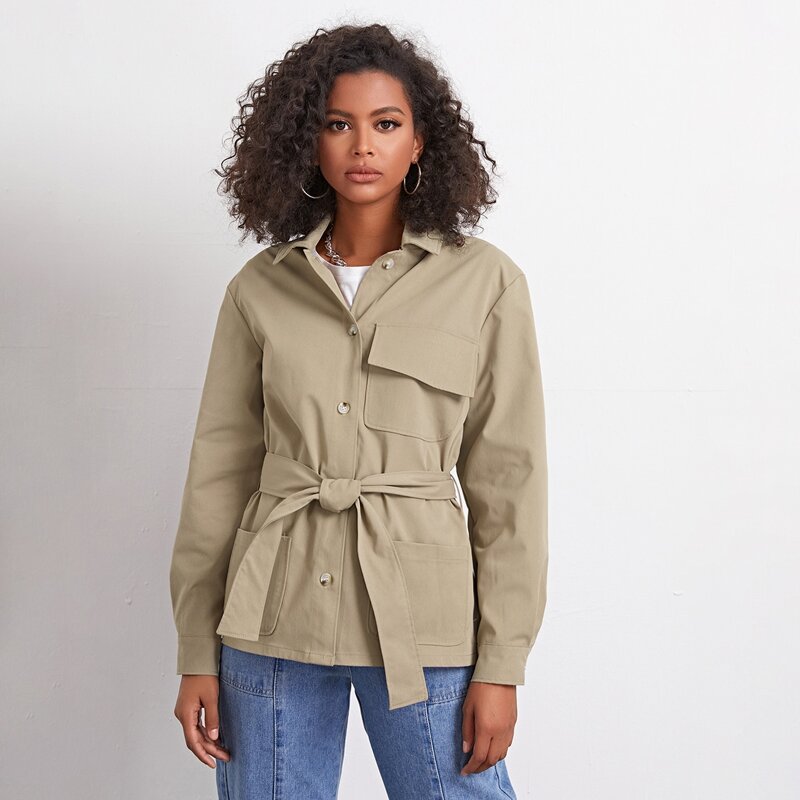 

Flap Pocket Button Front Belted Coat, Khaki