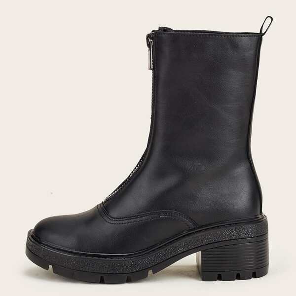 

Zip Front Mid Calf Boots, Black