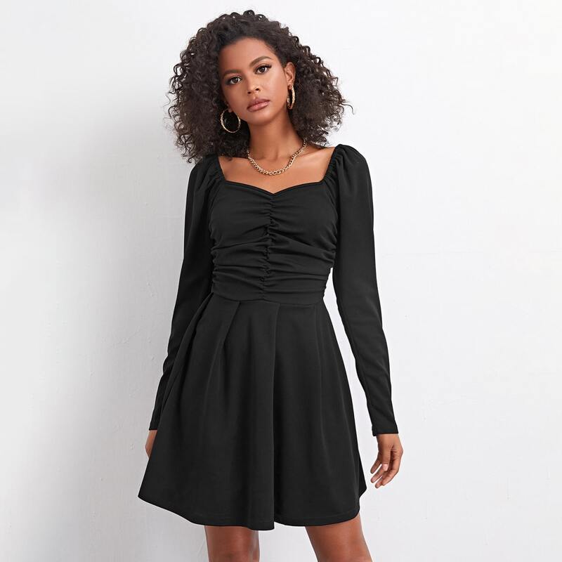 

Sweetheart Neck Puff Sleeve Ruched Dress, Black