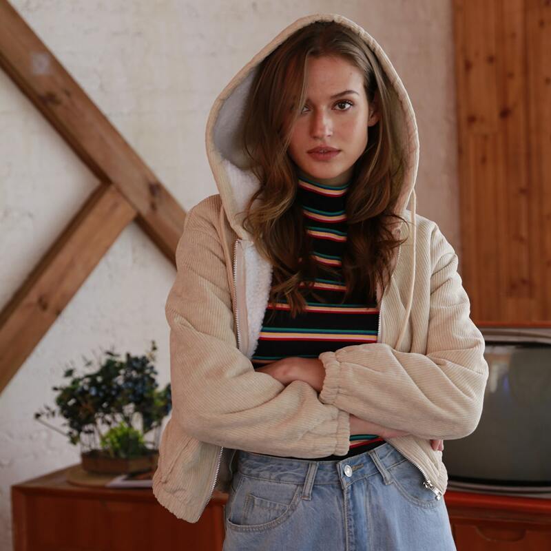 

Solid Corduroy Zip Up Jacket, Beige