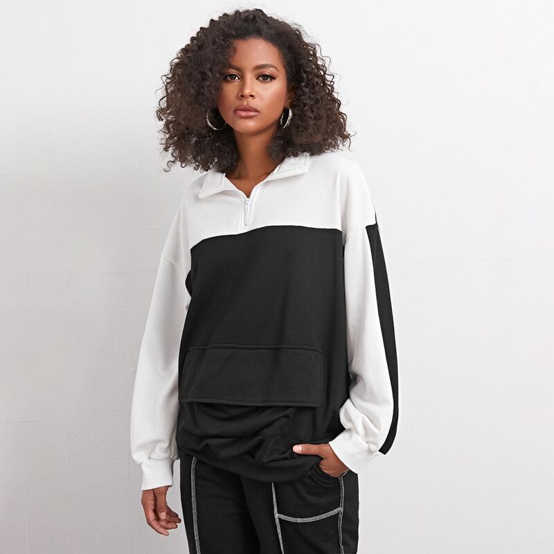 

Half Zip Kangaroo Pocket Colorblock Sweatshirt, Black and white