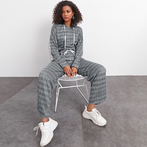 

Drop Shoulder Plaid Hoodie & Tie Waist Pants Set, Grey