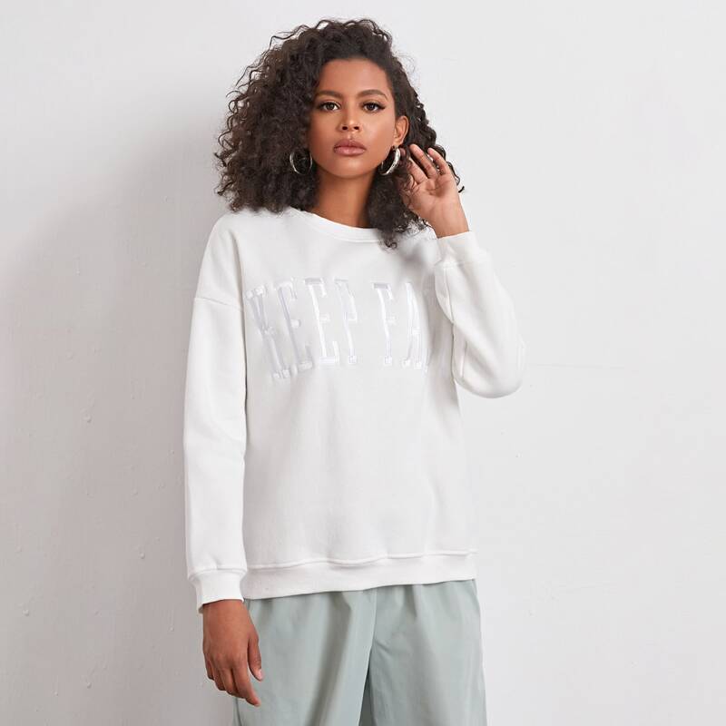 

Drop Shoulder Letter Embroidery Pullover, White