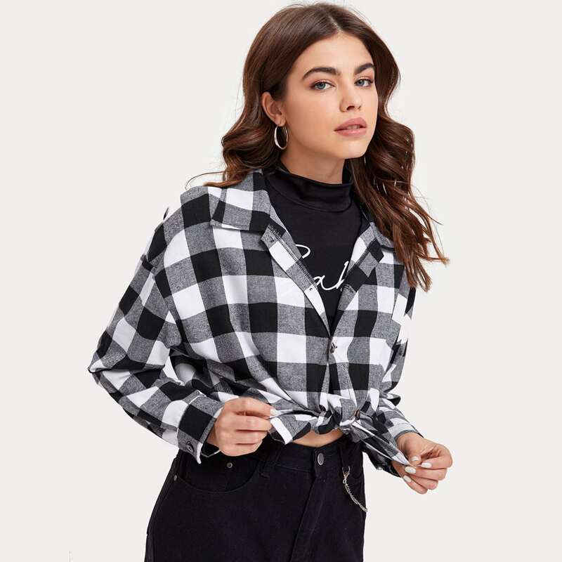 

Gingham Button Front Oversized Blouse, Black and white