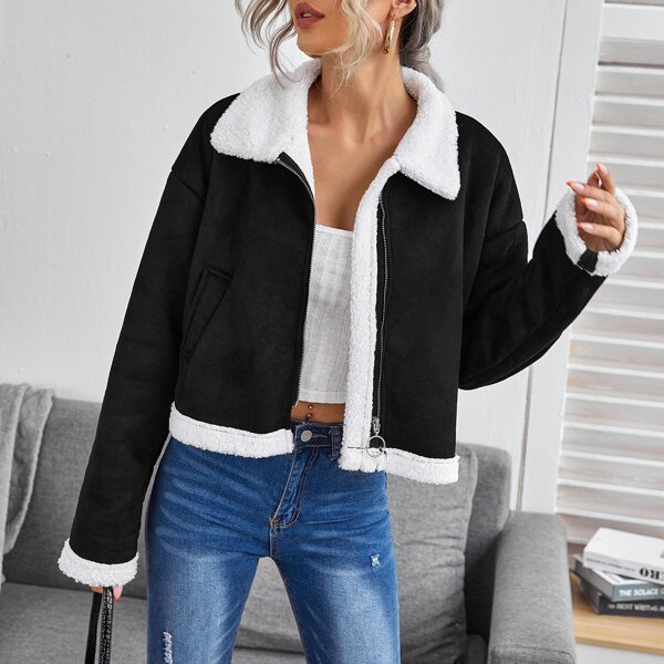 

Zip Up Drop Shoulder Contrast Teddy Collar Suede Jacket, Black