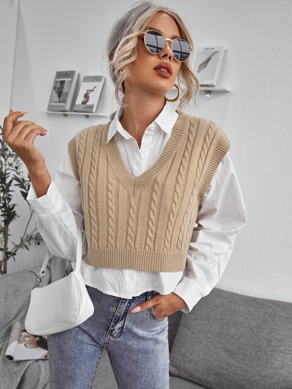 SHEIN LUNE Vestă de pulover cu decolteu în V tricot cablu