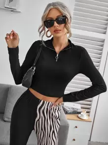 O-ring Zip Half Placket Crop Slim Top - Black - View 1