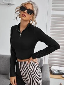 O-ring Zip Half Placket Crop Slim Top - Black - View 3