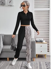 O-ring Zip Half Placket Crop Slim Top - Black - View 4