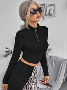 O-ring Zip Half Placket Crop Slim Top - Black - View 5