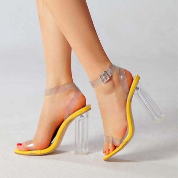 

Clear Ankle Strap Chunky Heeled Sandals, Yellow