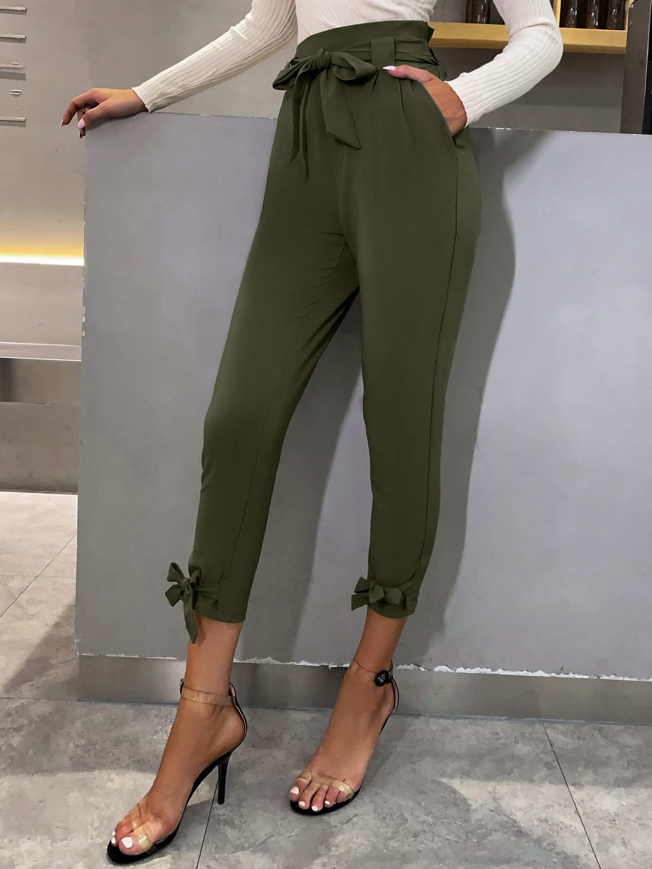 High Waist Belted Knotted Hem Cropped Pants thumbnail