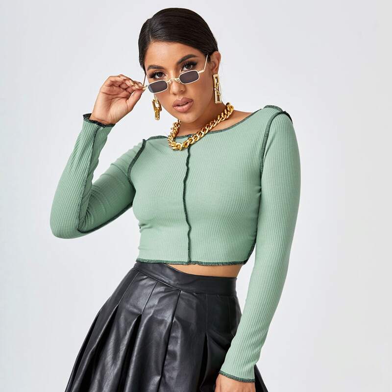 

Contrast Top-stitching Crop Rib-knit Tee, Mint green