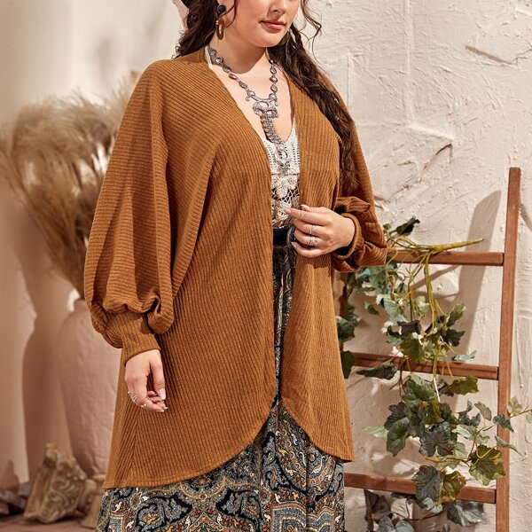 

Plus Solid Batwing Sleeve Coat, Brown