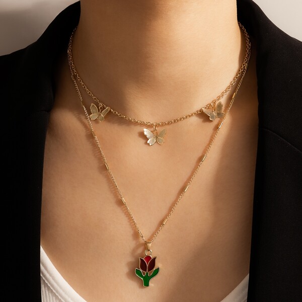 

Flower Charm Layered Necklace, Gold