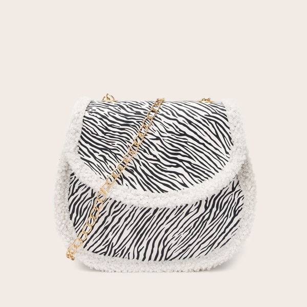 

Zebra Striped Pattern Chain Saddle Bag, Black and white