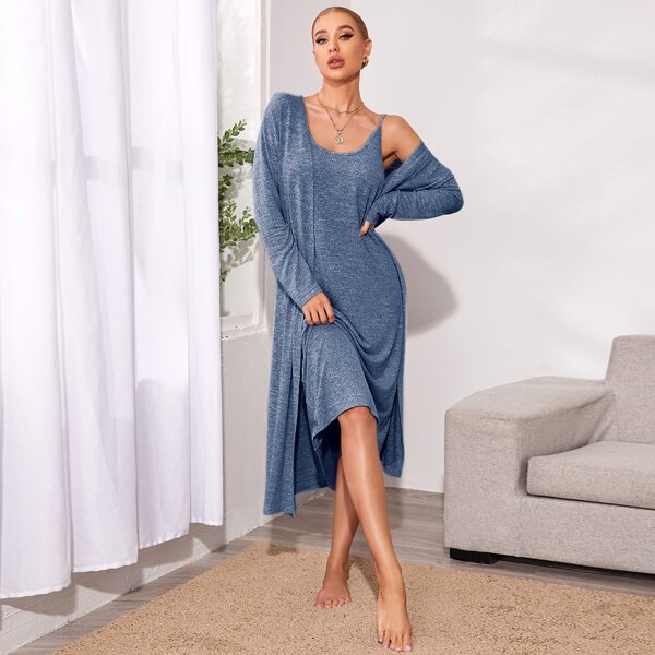

Solid Cami Dress With Robe Lounge Set, Dusty blue