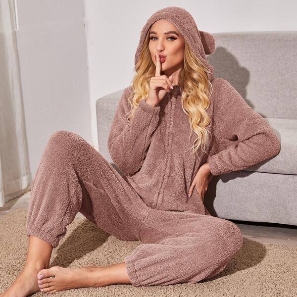 

Solid 3D Ears Patched Flannel Jumpsuit, Redwood