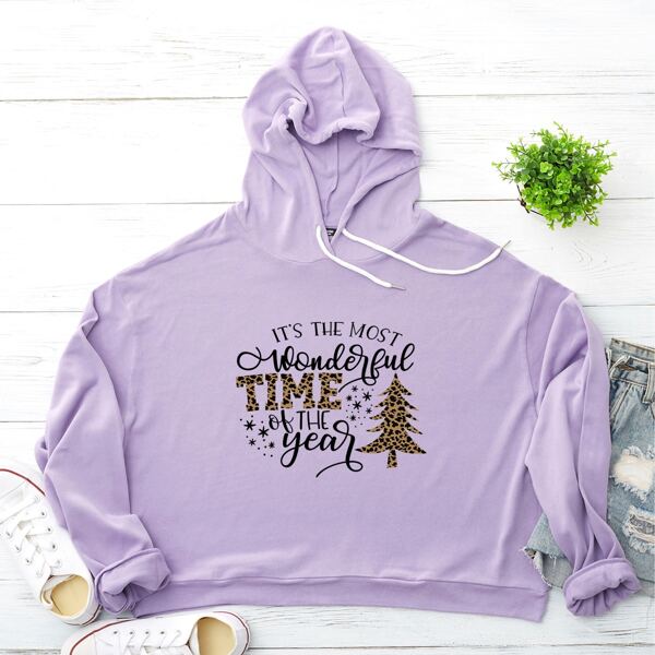 

Plus Slogan Graphic Drawstring Hoodie, Lilac purple