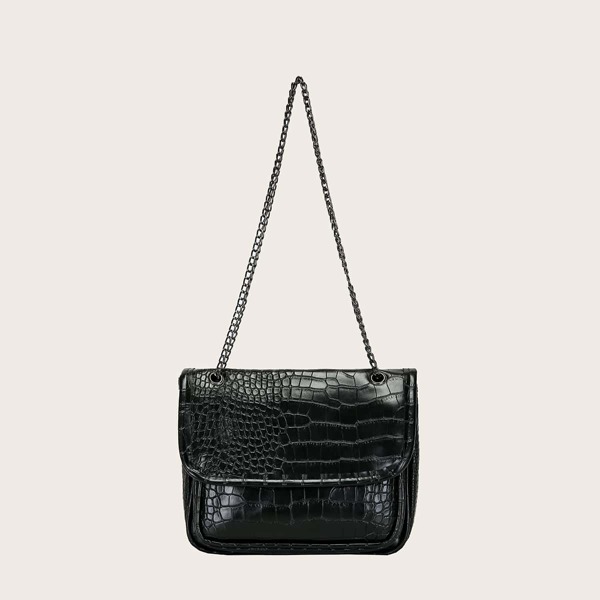 

Croc Embossed Flap Chain Shoulder Bag, Black