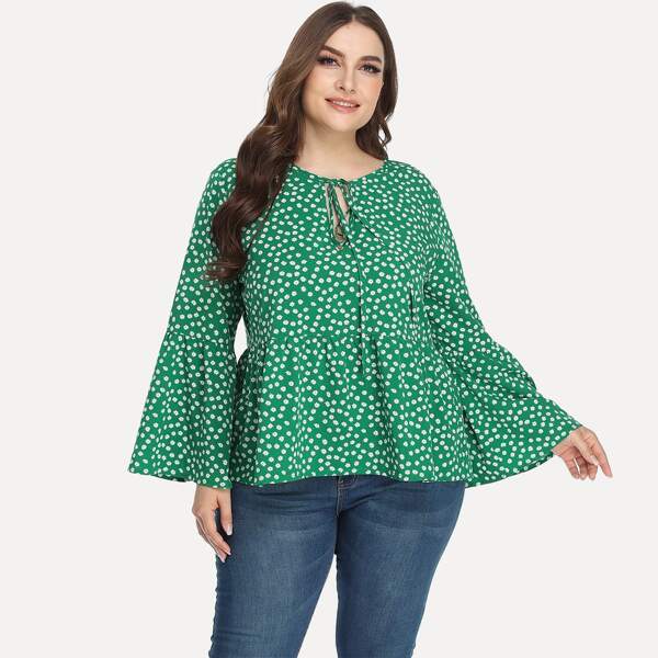

Plus Tie Neck Ditsy Floral Peplum Blouse, Green