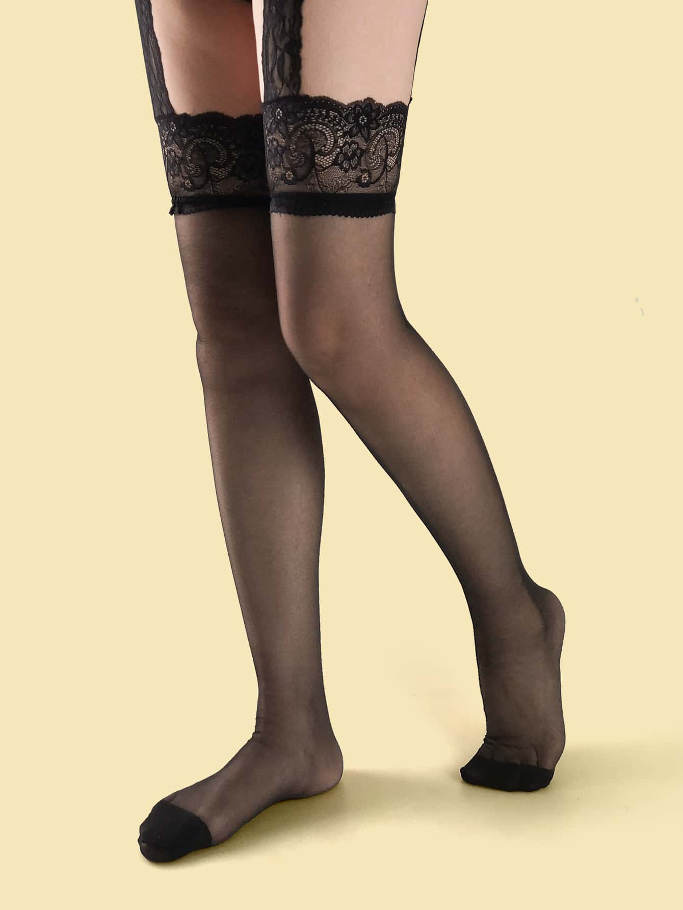 Lace Suspender Stockings - Black - View 1
