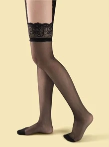 Lace Suspender Stockings - Black - View 3