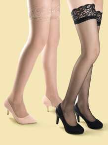 2pairs Lace Flower Trim Mesh Stocking - Multicolor - View 3