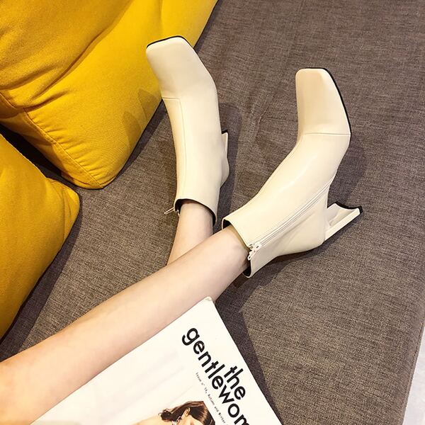 

Square Toe Chunky Heeled Boots, Beige