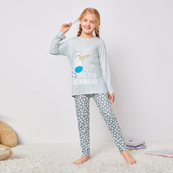 

Girls Unicorn Print Top & Heart Print Pants PJ Set, Grey