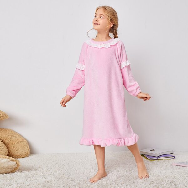 

Girls Eyelet Embroidered Ruffle Hem Flannel Night Dress, Baby pink