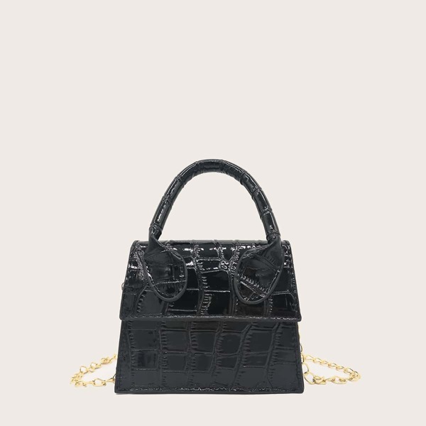 

Mini Croc Embossed Flap Chain Bag, Black