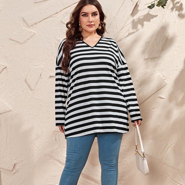 

Plus Striped Drop Shoulder Longline Tee, Black and white