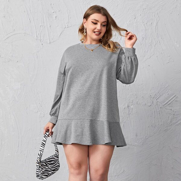 

Plus Ruffle Hem Drop Shoulder Sweatshirt Dress, Grey