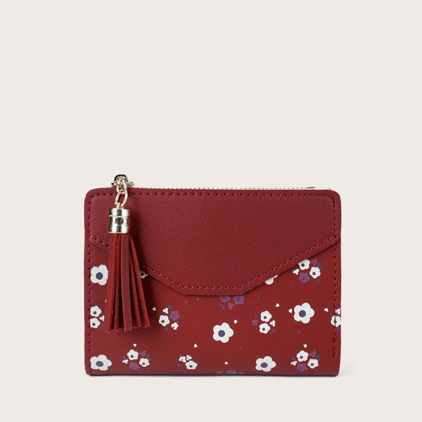 

Tassel Decor Floral Graphic Purse, Burgundy