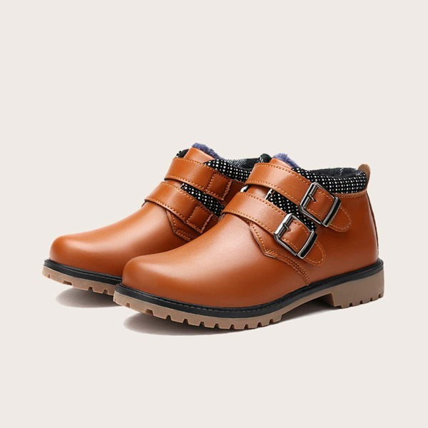 

Boys Buckle Decor Waterproof Plush Inside Boots, Brown