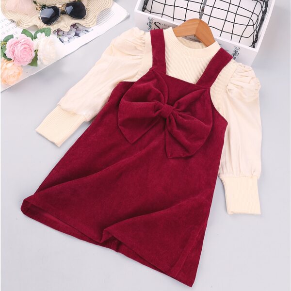

Toddler Girl Puff Sleeve Top & Bow Front Corduroy Overall Dress, Multicolor