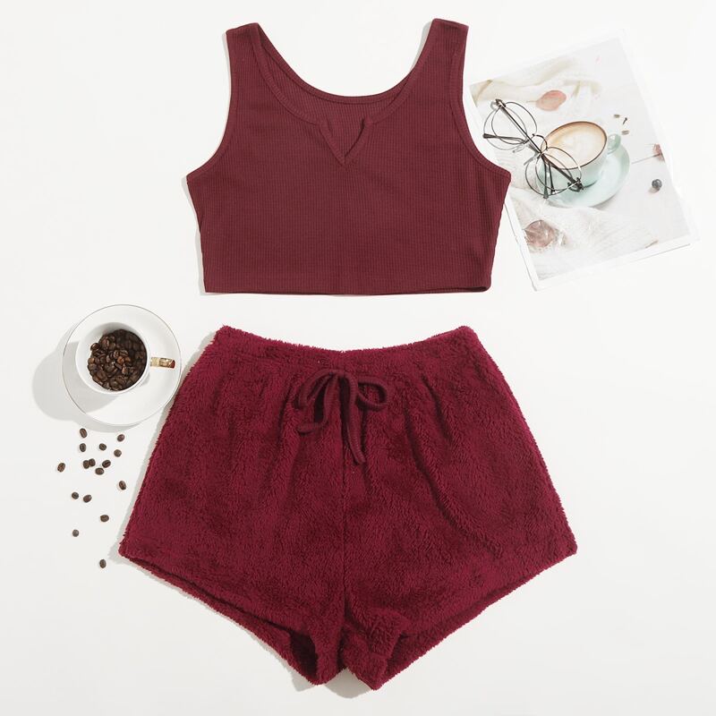 

Notched Tank Top & Tie Front Teddy Shorts Lounge Set, Burgundy